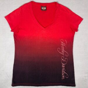 Harley Davidson Central Maine Bangor ME Ombre Red Black V-Neck T-Shirt Women L